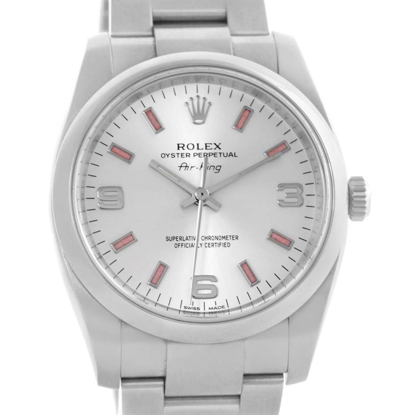 The image shows a Rolex Air-King 114200 Men's Stainless Steel Silver Dial 114200 Men's Stainless Steel Silver Dial watch front-on, displaying the dial, hands, bezel, crown, and bracelet.