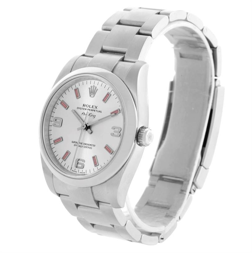 The image shows a Rolex Air-King 114200 Men's Stainless Steel Silver Dial 114200 Men's Stainless Steel Silver Dial watch from a front-left angle, highlighting the face, bezel, and stainless steel bracelet.