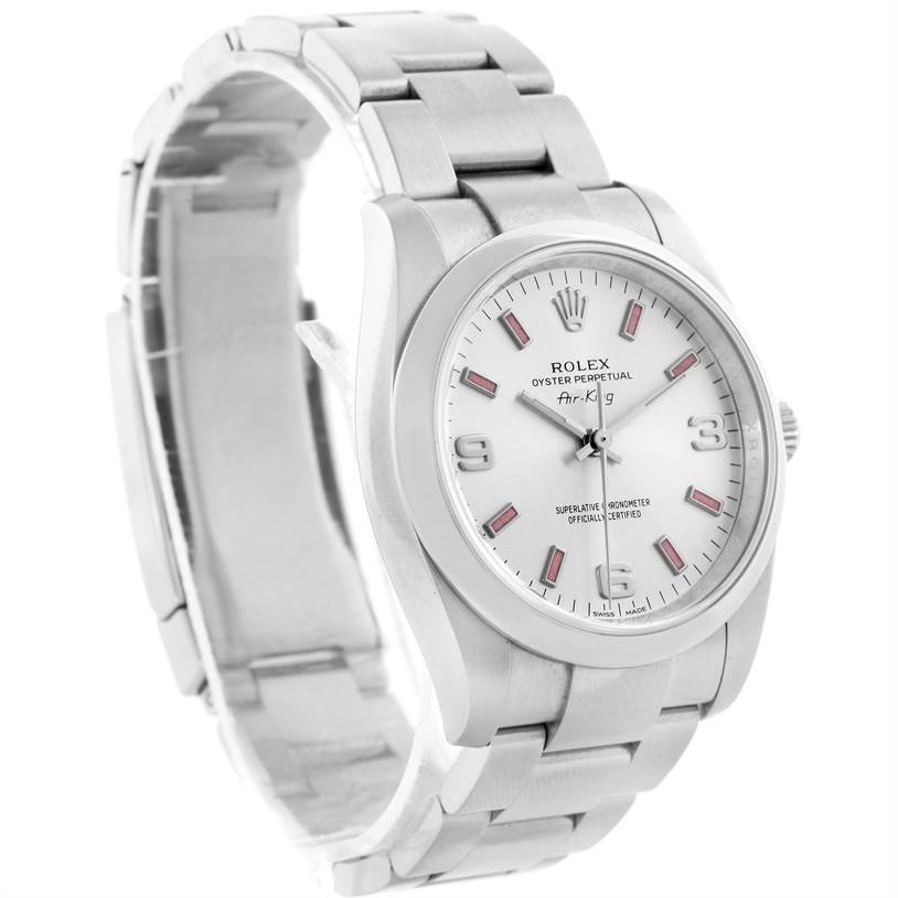 The image shows a side-angle view of the Rolex Air-King 114200 Men's Stainless Steel Silver Dial 114200 Men's Stainless Steel Silver Dial, highlighting its bracelet, case, and dial.