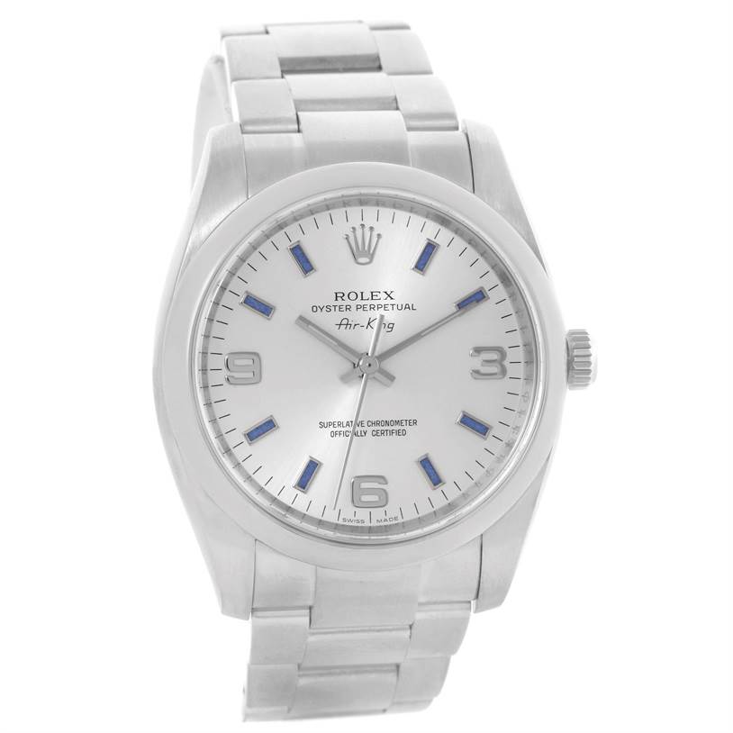 This image shows a front view of the Rolex Air-King 114200 Men's Stainless Steel Silver Dial 114200 Men's Stainless Steel Silver Dial watch, displaying its dial, hands, indices, and bracelet.