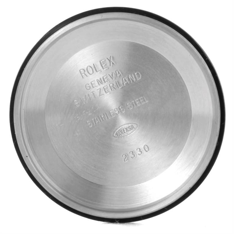 This image shows the back cover of a Rolex Air-King 114200 Men's Stainless Steel Silver Dial 114200 Men's Stainless Steel Silver Dial watch with engraved details, viewed from the inside.