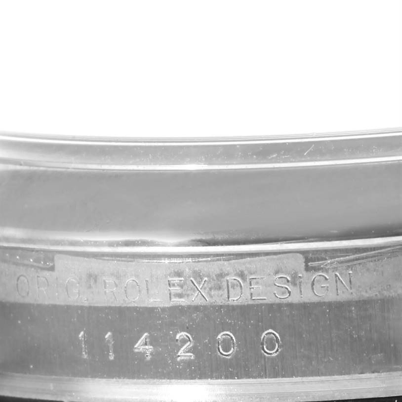 This image shows the side engraved with the model number "114200" on a Rolex Air-King 114200 Men's Stainless Steel Silver Dial 114200 Men's Stainless Steel Silver Dial watch.