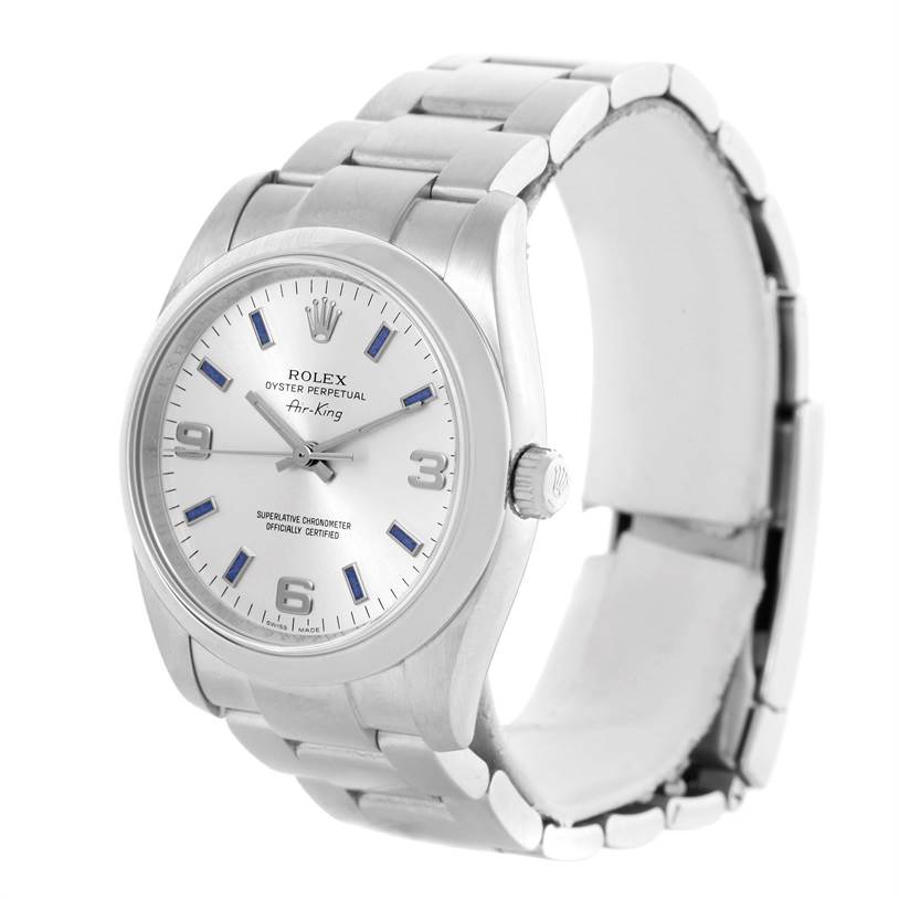 The image shows a Rolex Air-King 114200 Men's Stainless Steel Silver Dial 114200 Men's Stainless Steel Silver Dial watch at a slight angle, displaying its face, bezel, crown, and bracelet.