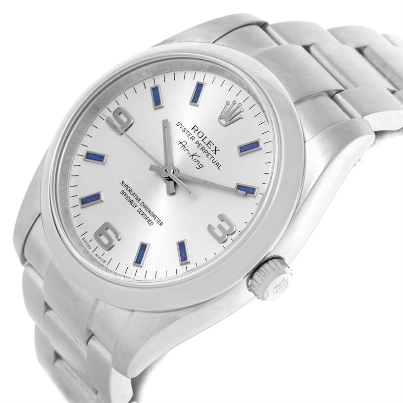 This image shows a Rolex Air-King 114200 Men's Stainless Steel Silver Dial 114200 Men's Stainless Steel Silver Dial watch at an oblique angle, highlighting the face, bezel, and part of the bracelet.
