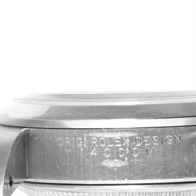 The image shows a close-up side view of the case back of a Rolex Air-King 14000 Men's Stainless Steel Black Dial 14000 Men's Stainless Steel Black Dial watch, highlighting the engraved text.