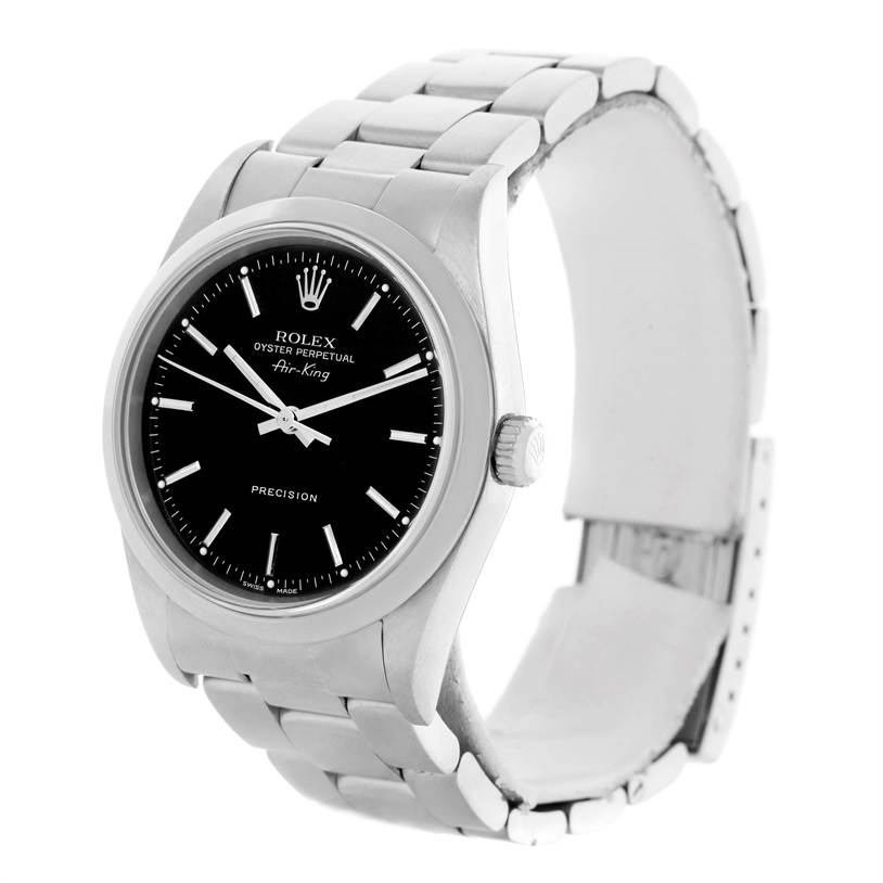 The Rolex Air-King 14000 Men's Stainless Steel Black Dial 14000 Men's Stainless Steel Black Dial watch is shown at a slight angle displaying its black dial, crown, and metal bracelet.