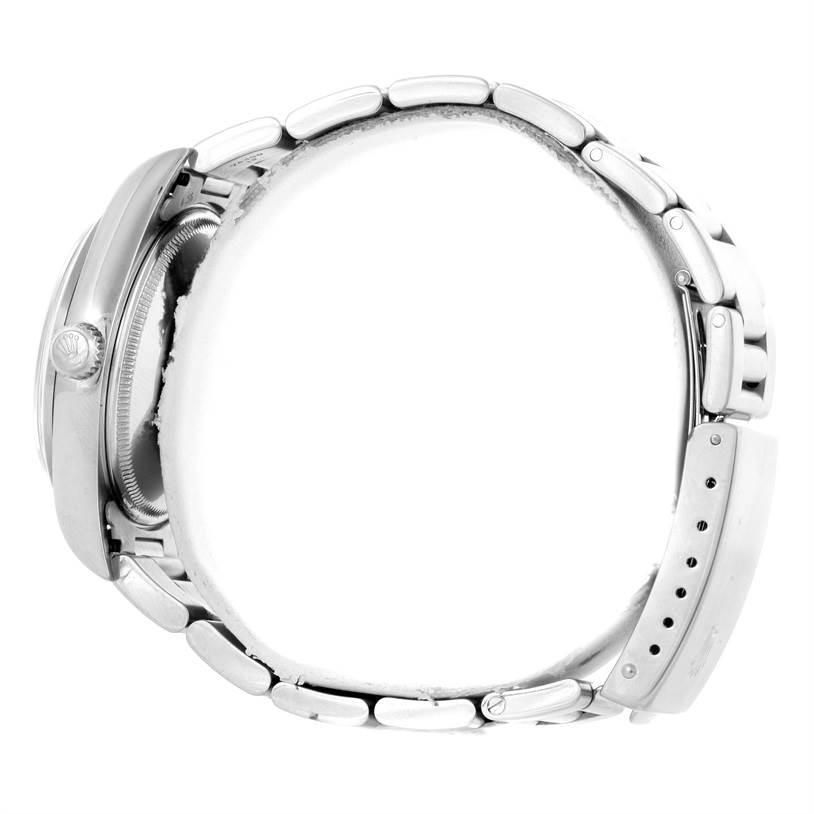 The image shows a side view of a Rolex Air-King 14000 Men's Stainless Steel Black Dial 14000 Men's Stainless Steel Black Dial watch, highlighting its case, crown, and bracelet.