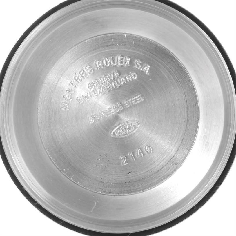 The image shows the inner case back of a Rolex Air-King 14000 Men's Stainless Steel Black Dial 14000 Men's Stainless Steel Black Dial watch, displaying the brand, model, material, and serial number.