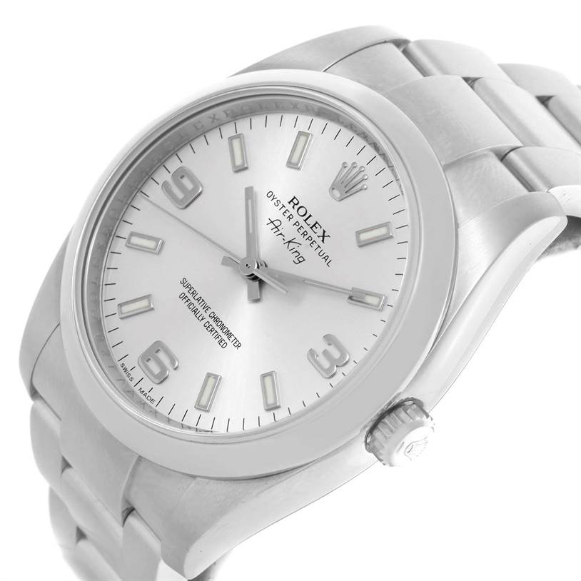The image shows a Rolex Air-King 114200 Men's Stainless Steel Silver Dial 114200 Men's Stainless Steel Silver Dial watch at a slight angle, highlighting the face, bezel, and part of the bracelet.