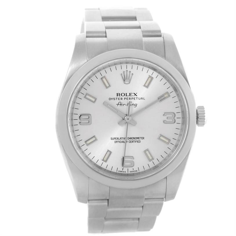 The Rolex Air-King 114200 Men's Stainless Steel Silver Dial 114200 Men's Stainless Steel Silver Dial watch is shown from a straight-on angle, prominently displaying its dial, hands, bezel, and bracelet.