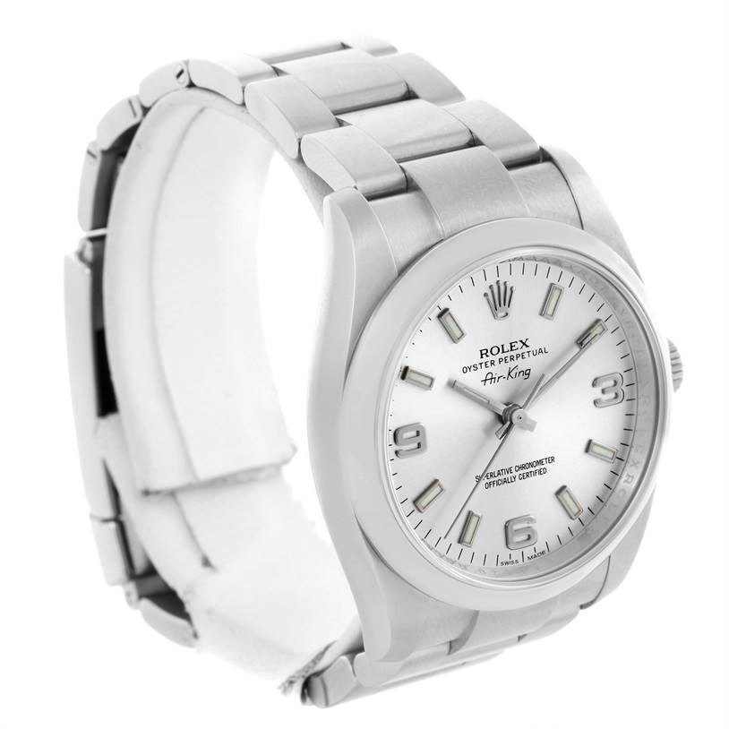 The image shows a front and side view of the Rolex Air-King 114200 Men's Stainless Steel Silver Dial 114200 Men's Stainless Steel Silver Dial watch, highlighting the face, bezel, and bracelet.