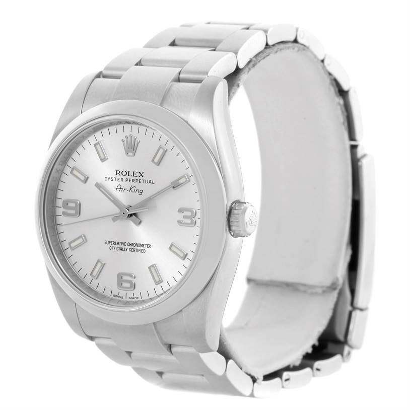 The image shows a Rolex Air-King 114200 Men's Stainless Steel Silver Dial 114200 Men's Stainless Steel Silver Dial watch from a front-side angle, highlighting its face, bezel, and part of the bracelet.