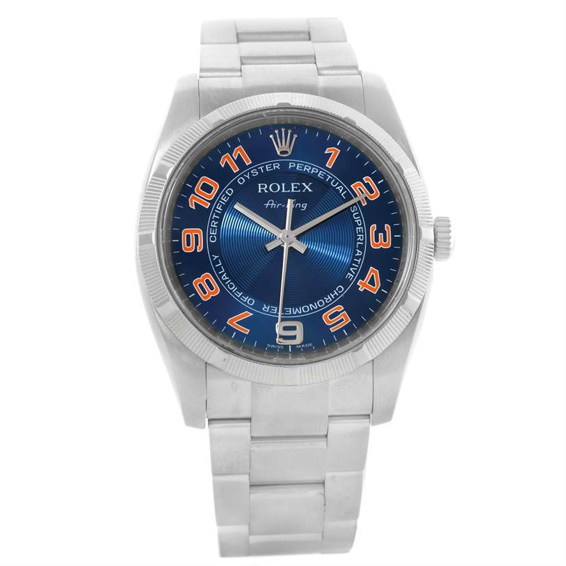 This is a front view of the Rolex Air-King 114210 Men's Stainless Steel Blue Dial 114210 Men's Stainless Steel Blue Dial watch showing the face, bezel, crown, and part of the bracelet.