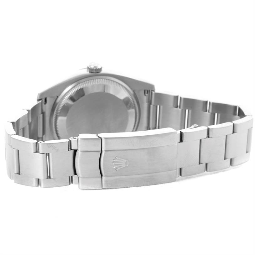 This image shows the backside and bracelet clasp of a Rolex Air-King 114210 Men's Stainless Steel Blue Dial 114210 Men's Stainless Steel Blue Dial watch.