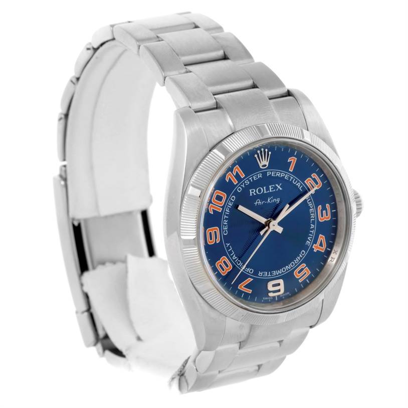 The Rolex Air-King 114210 Men's Stainless Steel Blue Dial 114210 Men's Stainless Steel Blue Dial watch is shown at a three-quarter angle, displaying the face, bezel, and bracelet.