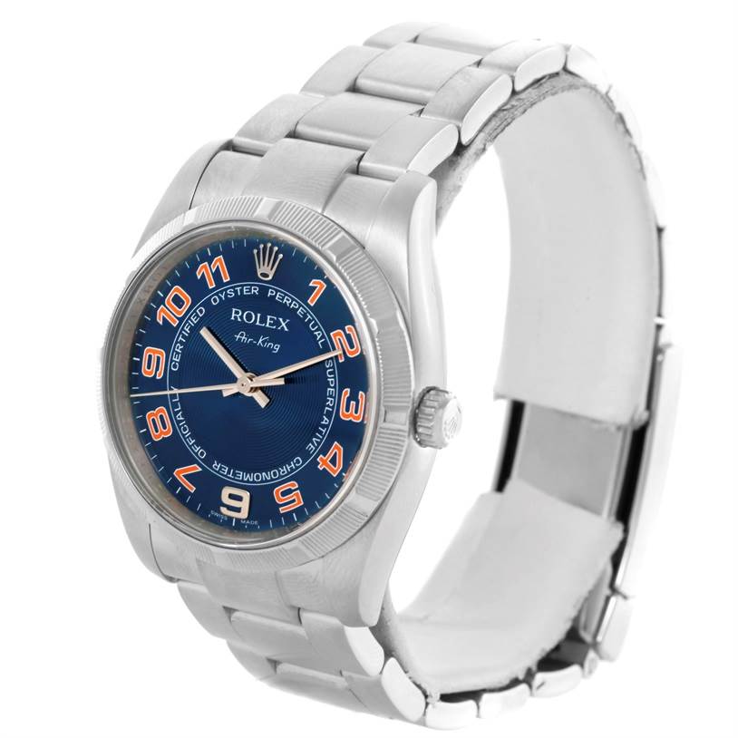 The image shows a Rolex Air-King 114210 Men's Stainless Steel Blue Dial 114210 Men's Stainless Steel Blue Dial watch, displaying a frontal view of the dial, case, and partially open bracelet.