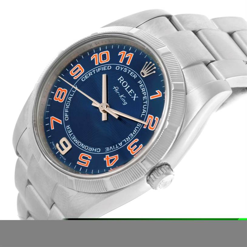 The image shows a close-up angled view of the Rolex Air-King 114210 Men's Stainless Steel Blue Dial 114210 Men's Stainless Steel Blue Dial watch, highlighting the blue dial, case, and part of the bracelet.