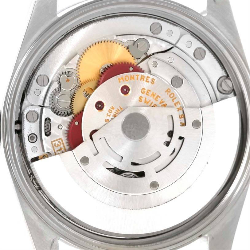 The image shows the internal mechanism and movement parts of a Rolex Air-King 14000 Men's Stainless Steel Blue Dial 14000 Men's Stainless Steel Blue Dial watch from a rear angle.