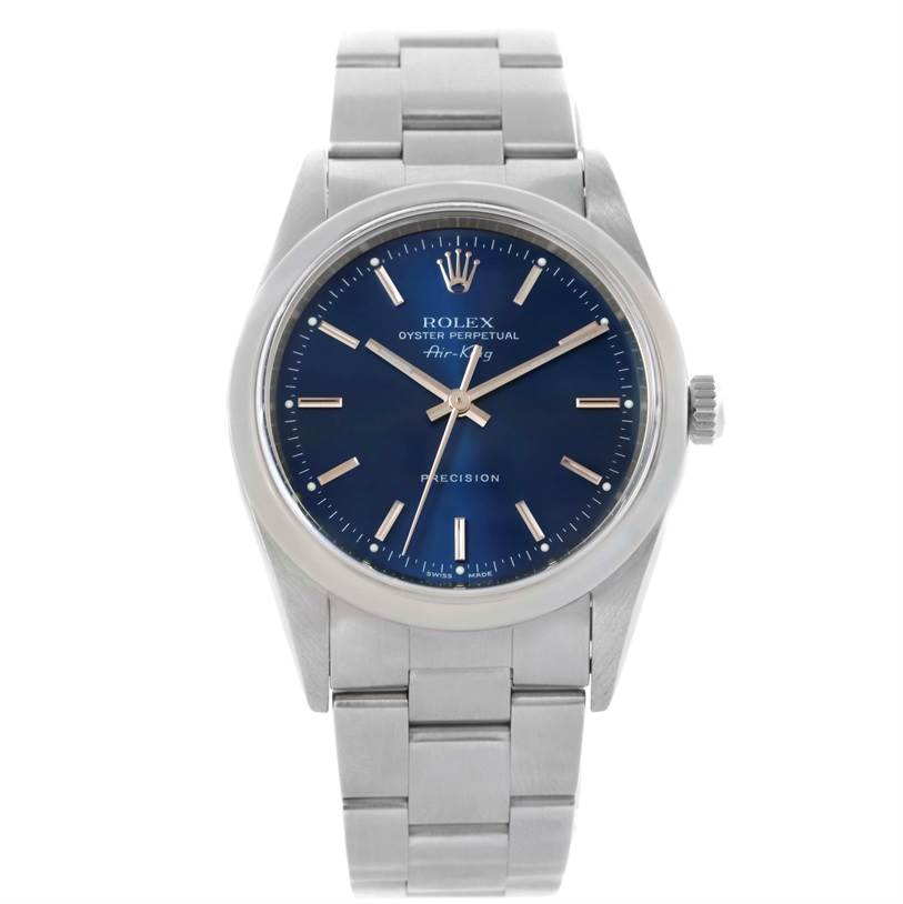 The image shows a front view of the Rolex Air-King 14000 Men's Stainless Steel Blue Dial 14000 Men's Stainless Steel Blue Dial watch featuring a blue dial, silver hands, indices, and a stainless steel bracelet.