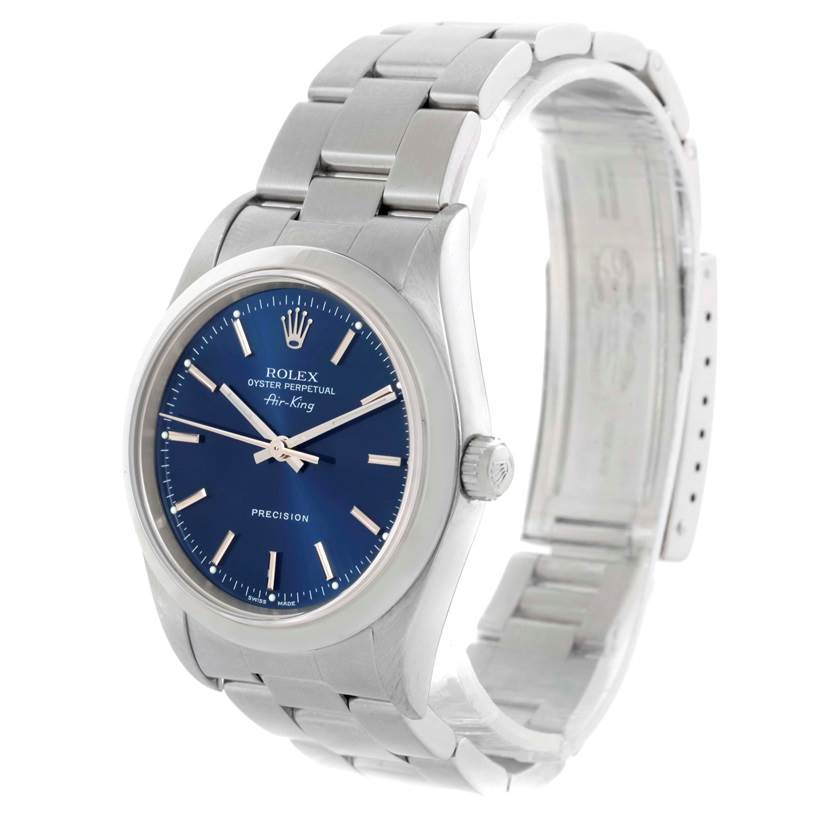 The Rolex Air-King 14000 Men's Stainless Steel Blue Dial 14000 Men's Stainless Steel Blue Dial watch is shown at a three-quarter angle, showcasing the blue dial, crown, and part of the bracelet.