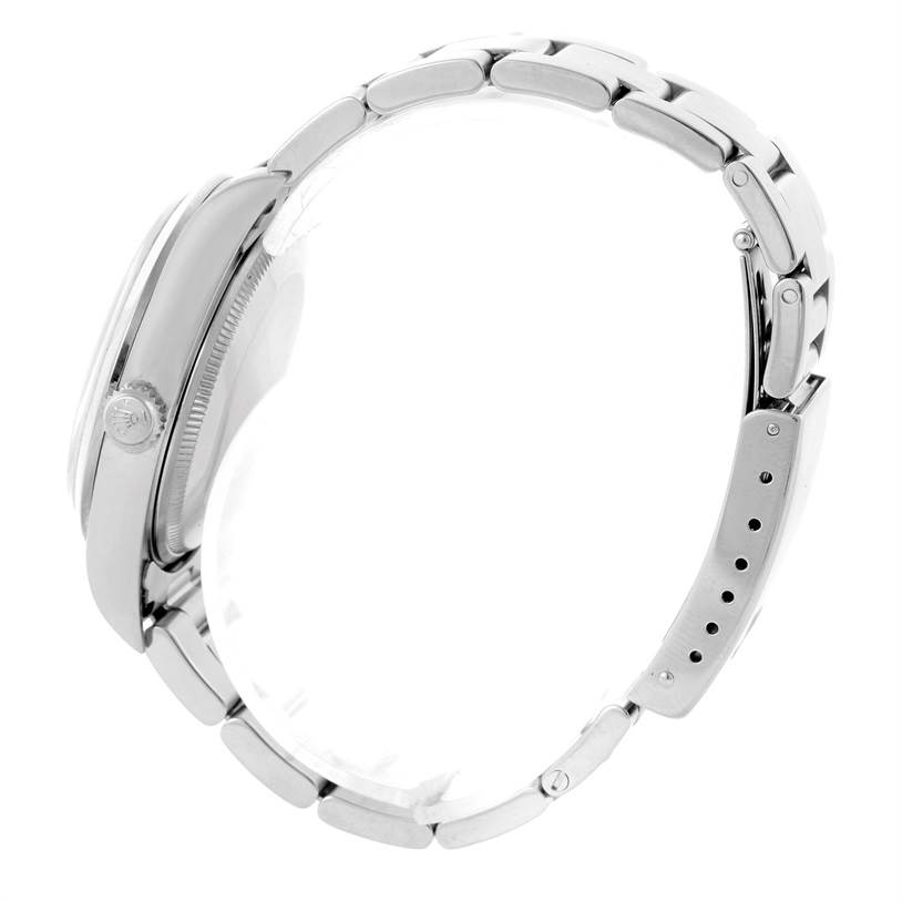 The image shows a side view of a Rolex Air-King 14000 Men's Stainless Steel Blue Dial 14000 Men's Stainless Steel Blue Dial watch, highlighting the bracelet, case, and crown.