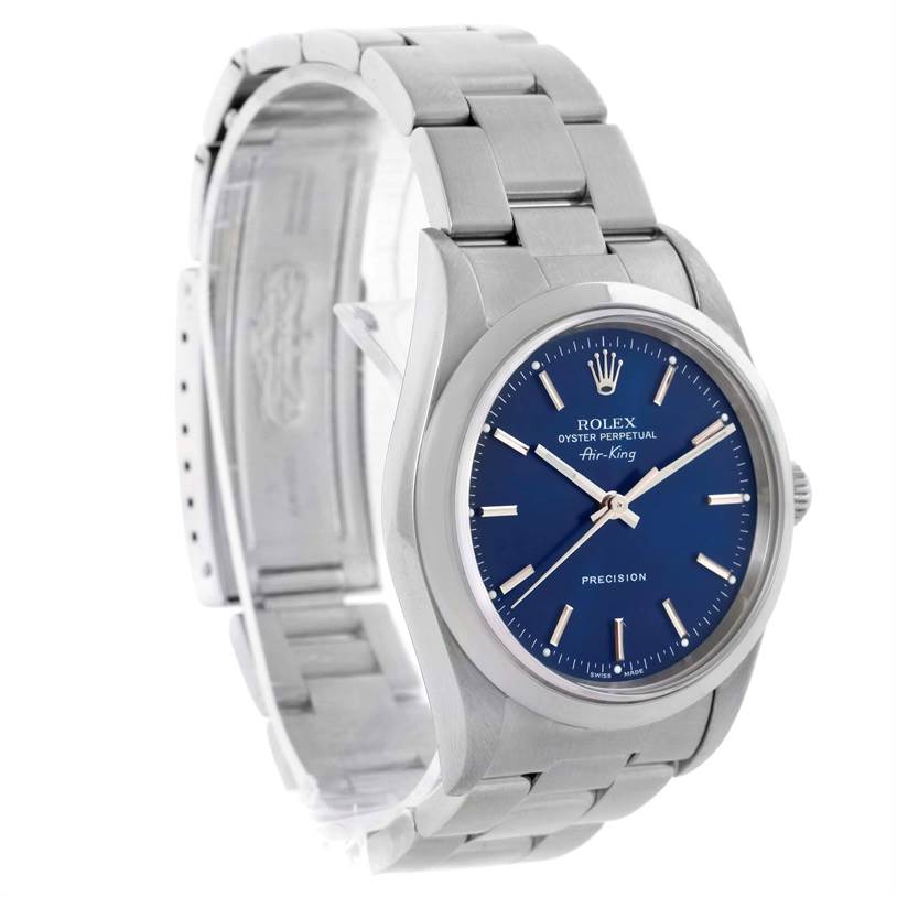 The Rolex Air-King 14000 Men's Stainless Steel Blue Dial 14000 Men's Stainless Steel Blue Dial watch is shown at a slight angle, displaying the dial, bezel, case, and part of the bracelet.