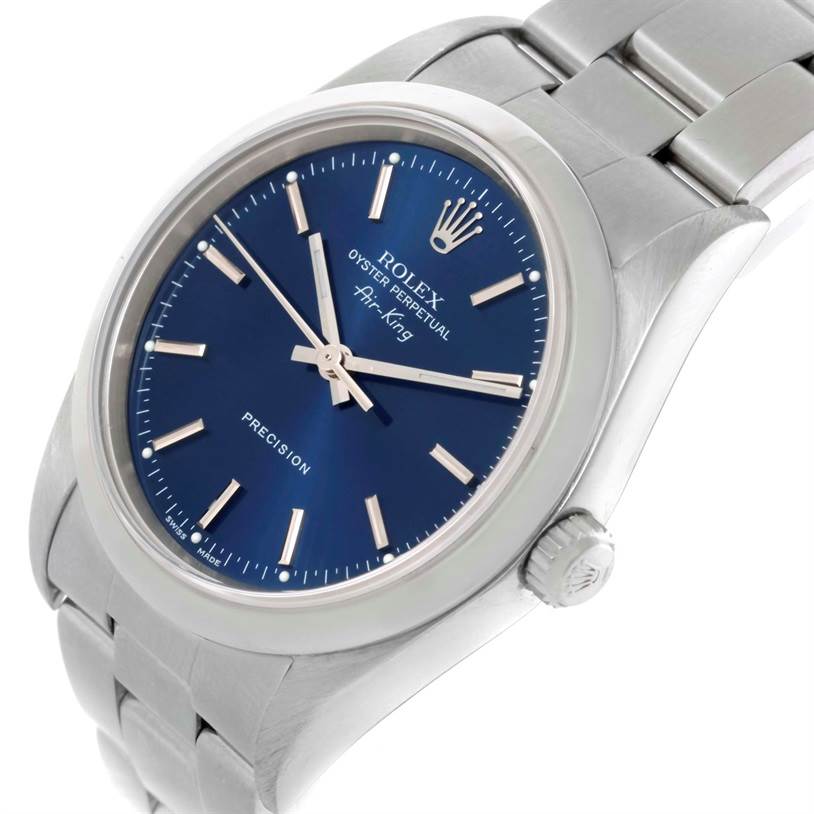 The Rolex Air-King 14000 Men's Stainless Steel Blue Dial 14000 Men's Stainless Steel Blue Dial watch is shown from a front side angle, highlighting the dial, case, bezel, and part of the bracelet.