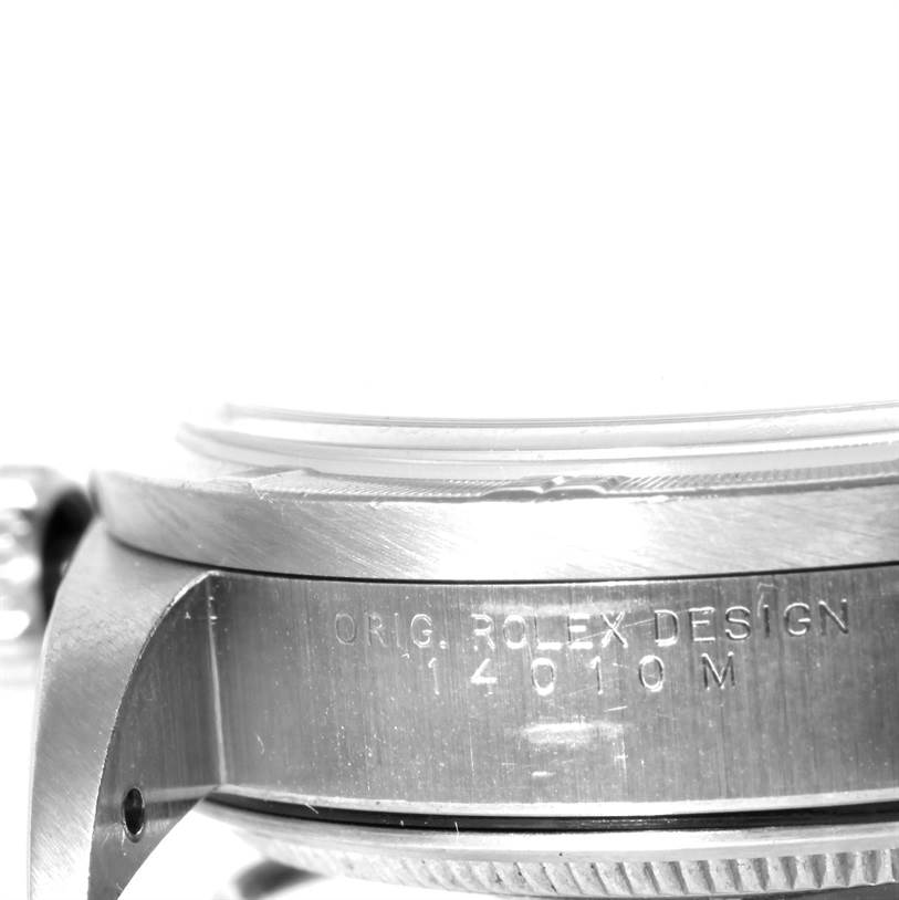 This image shows a detailed side view of the Rolex Air-King 14010 Men's Stainless Steel Silver Dial 14010 Men's Stainless Steel Silver Dial watch model, highlighting the engraved case detailing.