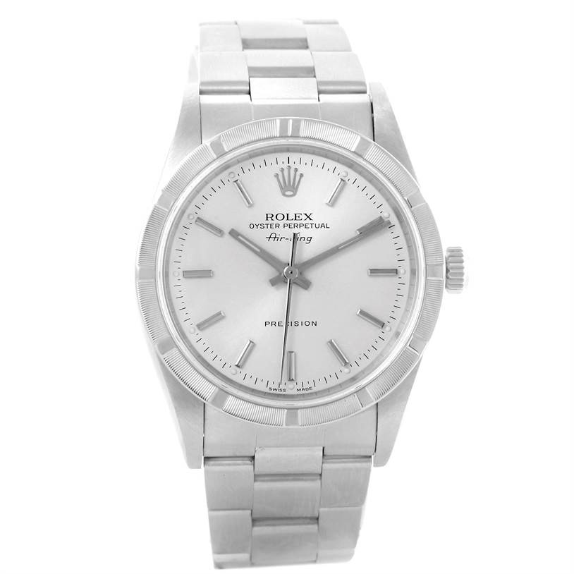 The image shows a front view of a Rolex Air-King 14010 Men's Stainless Steel Silver Dial 14010 Men's Stainless Steel Silver Dial watch, displaying the dial, hands, crown, and metal bracelet.