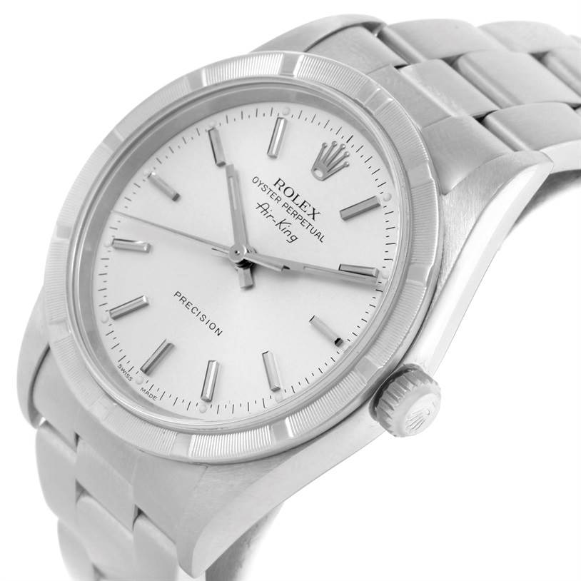 The Rolex Air-King 14010 Men's Stainless Steel Silver Dial 14010 Men's Stainless Steel Silver Dial watch is shown at a front-angled view, displaying the face, crown, and part of the bracelet.