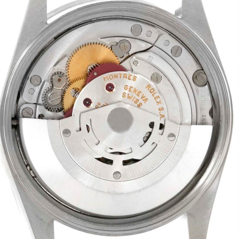 The image shows the internal mechanical movement of a Rolex Air-King 14010 Men's Stainless Steel Silver Dial 14010 Men's Stainless Steel Silver Dial watch from a top-down angle.