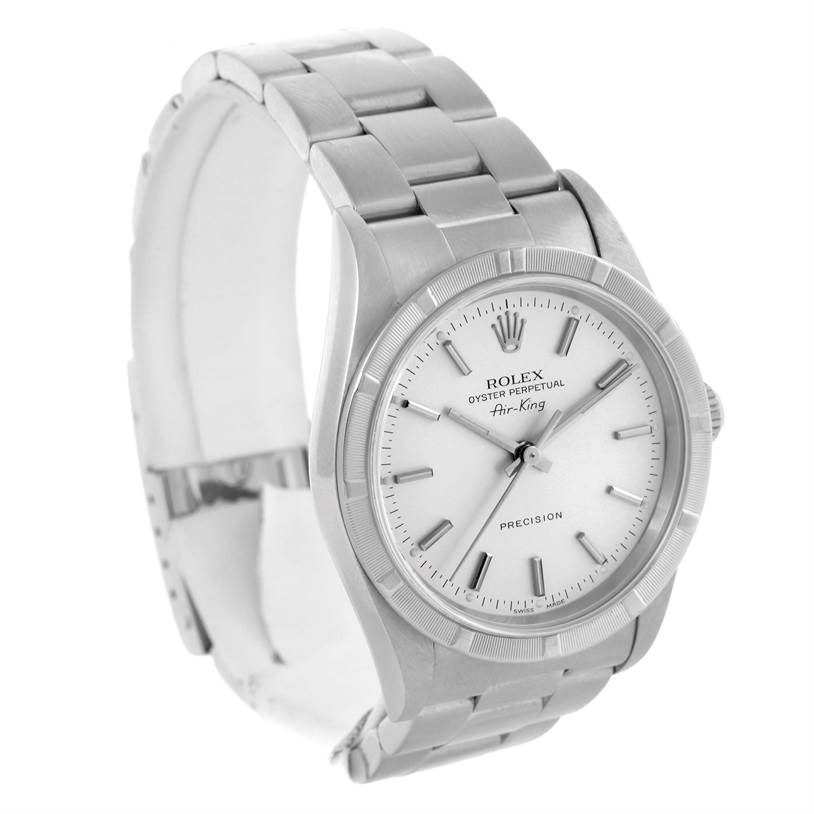 The image shows a Rolex Air-King 14010 Men's Stainless Steel Silver Dial 14010 Men's Stainless Steel Silver Dial watch from a front-right angle, highlighting its dial, bezel, and part of its bracelet.
