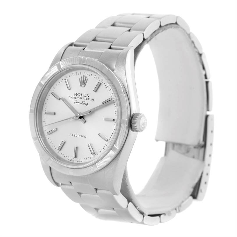 The Rolex Air-King 14010 Men's Stainless Steel Silver Dial 14010 Men's Stainless Steel Silver Dial watch is displayed at a slight angle, showcasing the face, bezel, crown, and part of the bracelet.