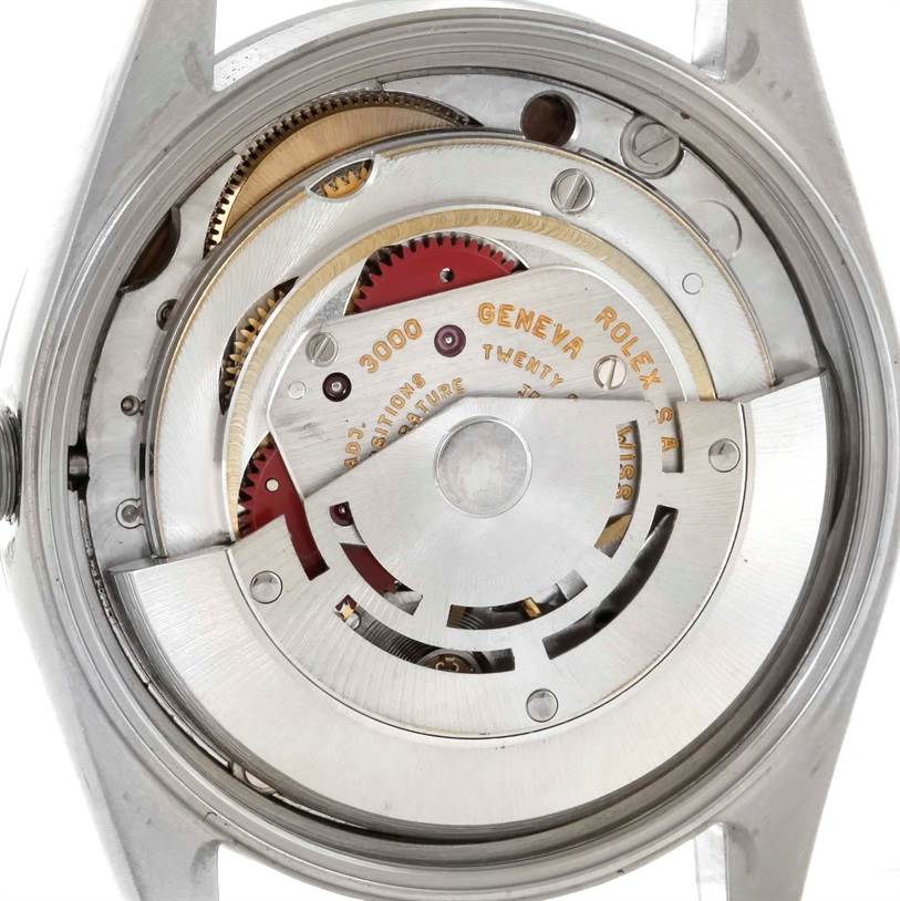 The image shows the internal mechanical movement parts of a Rolex Air-King 14000 Men's Stainless Steel Pink Dial 14000 Men's Stainless Steel Pink Dial watch, viewed from the back with the case opened.