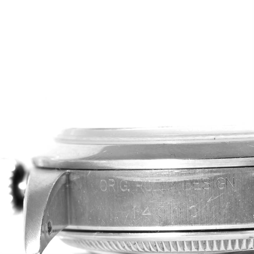 This image shows a side view of the Rolex Air-King 14000 Men's Stainless Steel Pink Dial 14000 Men's Stainless Steel Pink Dial watch, focusing on the case and crown with engravings visible.