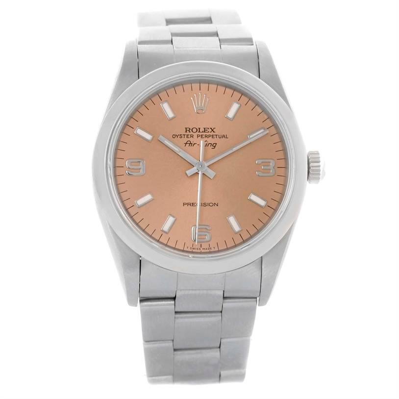 The image shows a front-facing Rolex Air-King 14000 Men's Stainless Steel Pink Dial 14000 Men's Stainless Steel Pink Dial watch, displaying its dial, hands, and part of the bracelet.