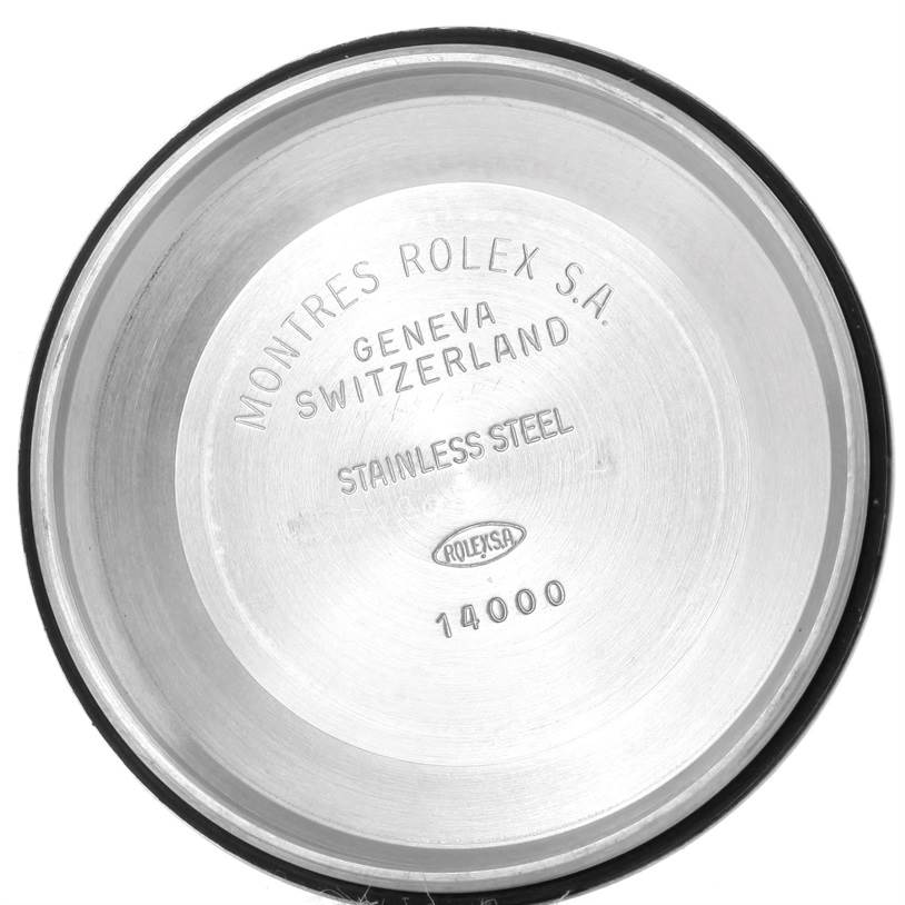 This image shows the inside case back of the Rolex Air-King 14000 Men's Stainless Steel Pink Dial 14000 Men's Stainless Steel Pink Dial model, displaying model number 14000 and markings.