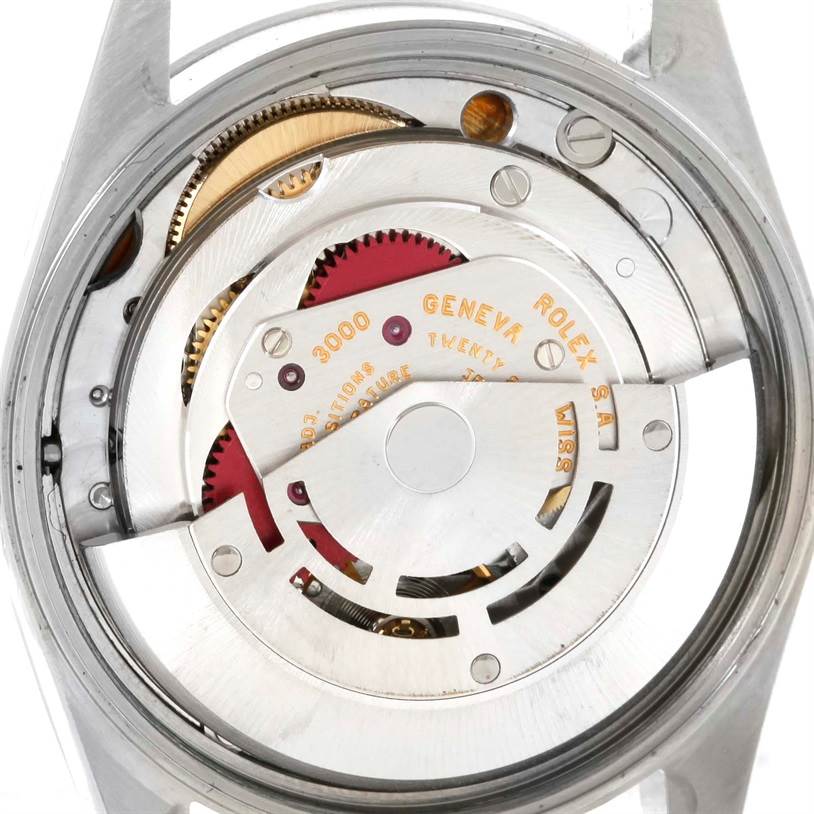 The image shows the Rolex Air-King 14000 Men's Stainless Steel Blue Dial 14000 Men's Stainless Steel Blue Dial watch movement from a top-down angle, focusing on its intricate internal components.