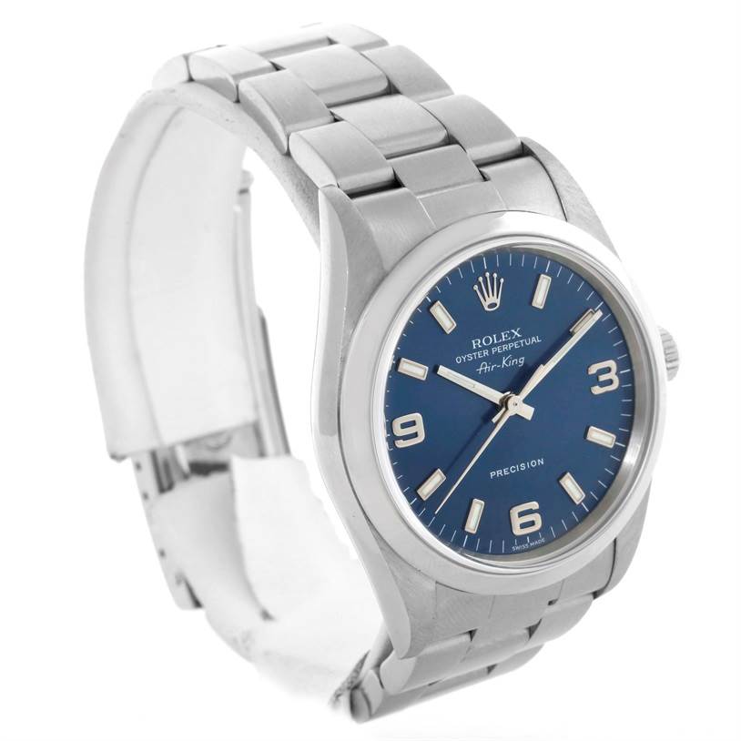 The image shows a Rolex Air-King 14000 Men's Stainless Steel Blue Dial 14000 Men's Stainless Steel Blue Dial watch at a three-quarter angle, highlighting the face, bezel, and stainless steel bracelet.