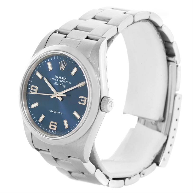 The image shows a Rolex Air-King 14000 Men's Stainless Steel Blue Dial 14000 Men's Stainless Steel Blue Dial watch, displaying its face, crown, and partial bracelet from an angled front view.