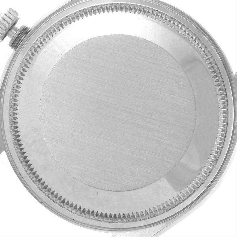 This is the back case of a Rolex Air-King 14000 Men's Stainless Steel Blue Dial 14000 Men's Stainless Steel Blue Dial watch, shown from a close-up angle.