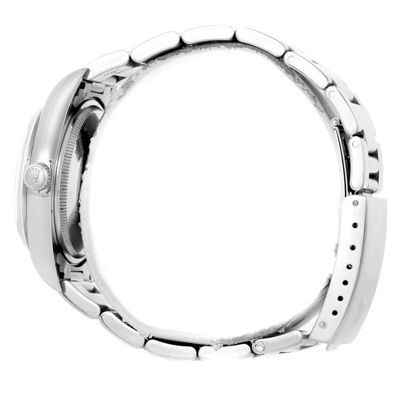 Side view of a Rolex Air-King 14000 Men's Stainless Steel Blue Dial 14000 Men's Stainless Steel Blue Dial watch showing its bracelet and crown.