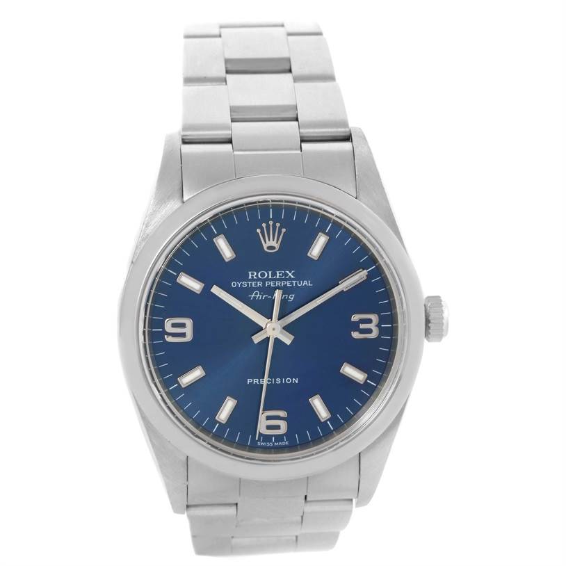 The image shows a front view of a Rolex Air-King 14000 Men's Stainless Steel Blue Dial 14000 Men's Stainless Steel Blue Dial watch, highlighting its blue dial, hour markers, and metal bracelet.