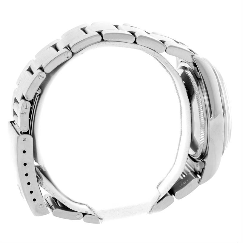 This image shows the side view of a Rolex Air-King 14000 Men's Stainless Steel Blue Dial 14000 Men's Stainless Steel Blue Dial watch, highlighting the bracelet and partially the case.