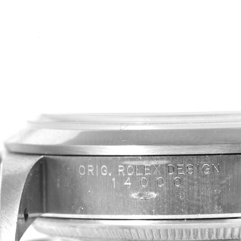 The image shows a close-up side view of the Rolex Air-King 14000 Men's Stainless Steel Blue Dial 14000 Men's Stainless Steel Blue Dial watch, highlighting the case and model number engraving.