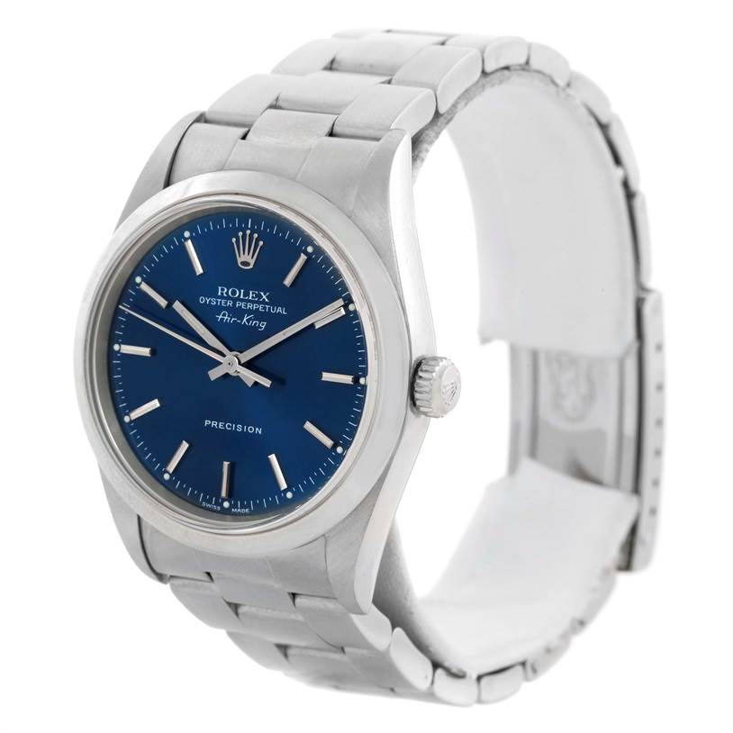 The image shows a Rolex Air-King 14000 Men's Stainless Steel Blue Dial 14000 Men's Stainless Steel Blue Dial watch at a slight angle, highlighting the face, crown, and metal bracelet.