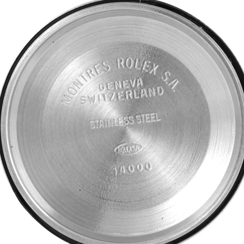 The image shows the inner case back of a Rolex Air-King 14000 Men's Stainless Steel Blue Dial 14000 Men's Stainless Steel Blue Dial watch, indicating it is made from stainless steel.