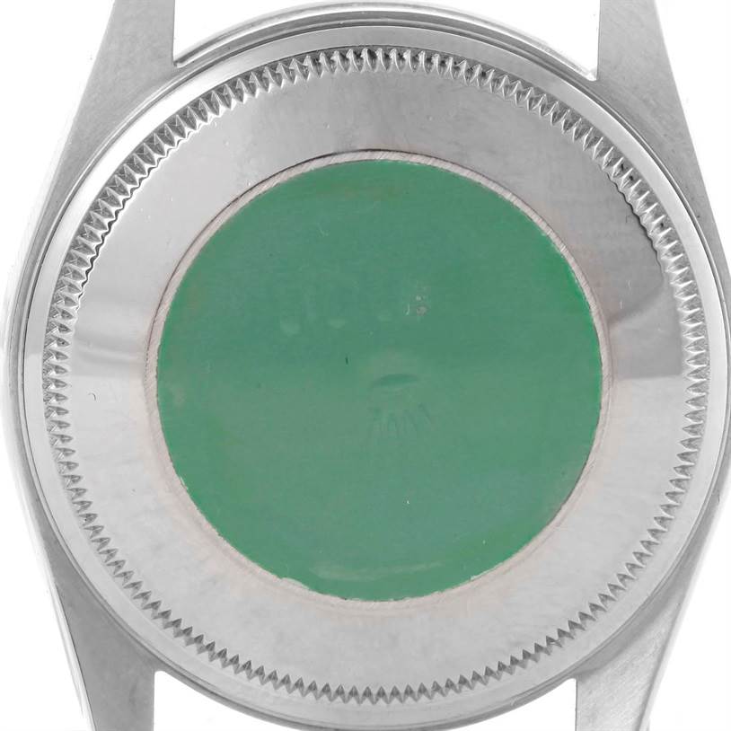 The image shows the back casing of a Rolex Air-King 14000 Men's Stainless Steel Blue Dial 14000 Men's Stainless Steel Blue Dial watch viewed from the rear.