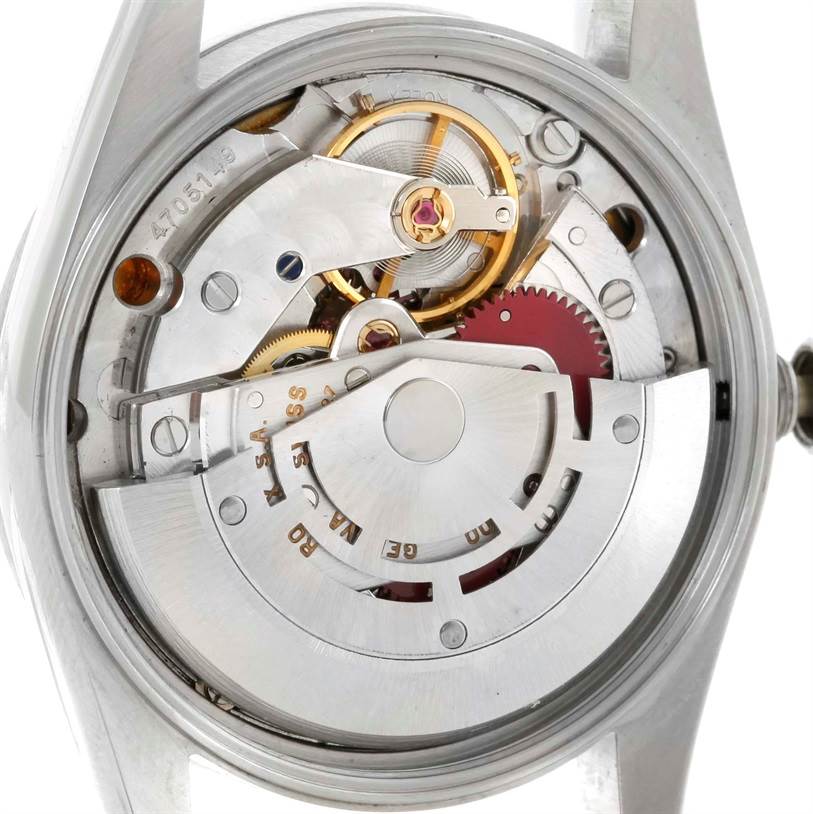 The image shows the internal mechanism of a Rolex Air-King 14000 Men's Stainless Steel Blue Dial 14000 Men's Stainless Steel Blue Dial watch, viewed from the back with the case back removed.