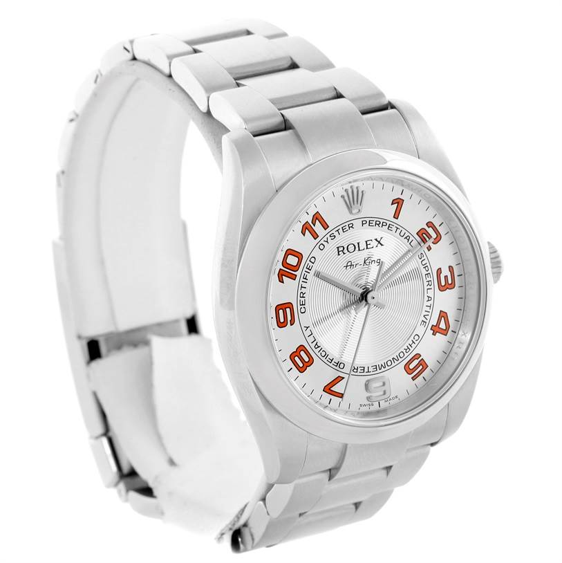 The image shows the Rolex Air-King 114200 Men's Stainless Steel Silver Dial 114200 Men's Stainless Steel Silver Dial watch at a front angled view, displaying its face, dial, and bracelet band.